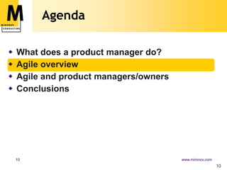 Agenda10What does a product manager do?Agile overviewAgile and product managers/ownersConclusions