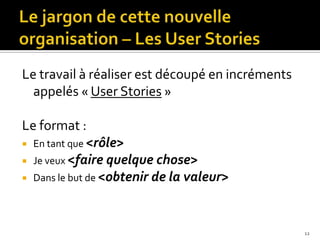 Le travail à réaliser est découpé en incréments
  appelés « User Stories »

Le format :
 En tant que <rôle>
 Je veux <faire quelque chose>

 Dans le but de <obtenir de la valeur>




                                                  12
 