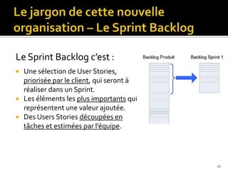 Le Sprint Backlog c’est :
 Une sélection de User Stories,
  priorisée par le client, qui seront à
  réaliser dans un Sprint.
 Les éléments les plus importants qui
  représentent une valeur ajoutée.
 Des Users Stories découpées en
  tâches et estimées par l’équipe.




                                          16
 