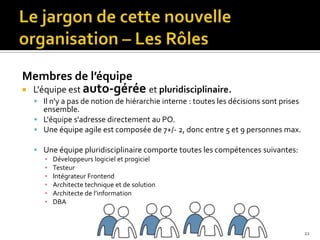 Membres de l’équipe
   L'équipe est auto-gérée et pluridisciplinaire.
     Il n'y a pas de notion de hiérarchie interne : toutes les décisions sont prises
      ensemble.
     L'équipe s'adresse directement au PO.
     Une équipe agile est composée de 7+/- 2, donc entre 5 et 9 personnes max.

     Une équipe pluridisciplinaire comporte toutes les compétences suivantes:
       ▪   Développeurs logiciel et progiciel
       ▪   Testeur
       ▪   Intégrateur Frontend
       ▪   Architecte technique et de solution
       ▪   Architecte de l’information
       ▪   DBA



                                                                                        22
 