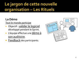 La Démo
Tout le monde participe
 Objectif : valider le logiciel
  développé pendant le Sprint.
 L'équipe effectue une démo à
  son auditoire.
 Feedback des participants.




                                   26
 