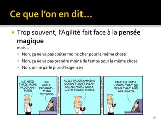    Trop souvent, l’Agilité fait face à la pensée
    magique
    mais…
     Non, ça ne va pas coûter moins cher pour la même chose
     Non, ça ne va pas prendre moins de temps pour la même chose
     Non, on ne parle plus d’exigences




                                                                    36
 