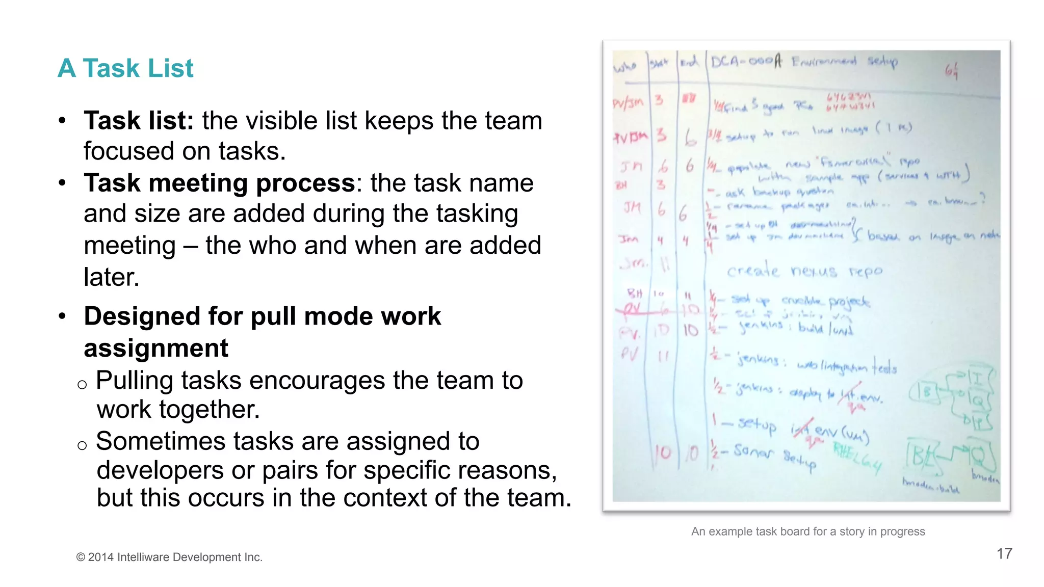 17
A Task List
•  Task list: the visible list keeps the team
focused on tasks.
•  Task meeting process: the task name
and size are added during the tasking
meeting – the who and when are added
later.
•  Designed for pull mode work
assignment
o  Pulling tasks encourages the team to
work together.
o  Sometimes tasks are assigned to
developers or pairs for specific reasons,
but this occurs in the context of the team.
© 2014 Intelliware Development Inc.
An example task board for a story in progress
 