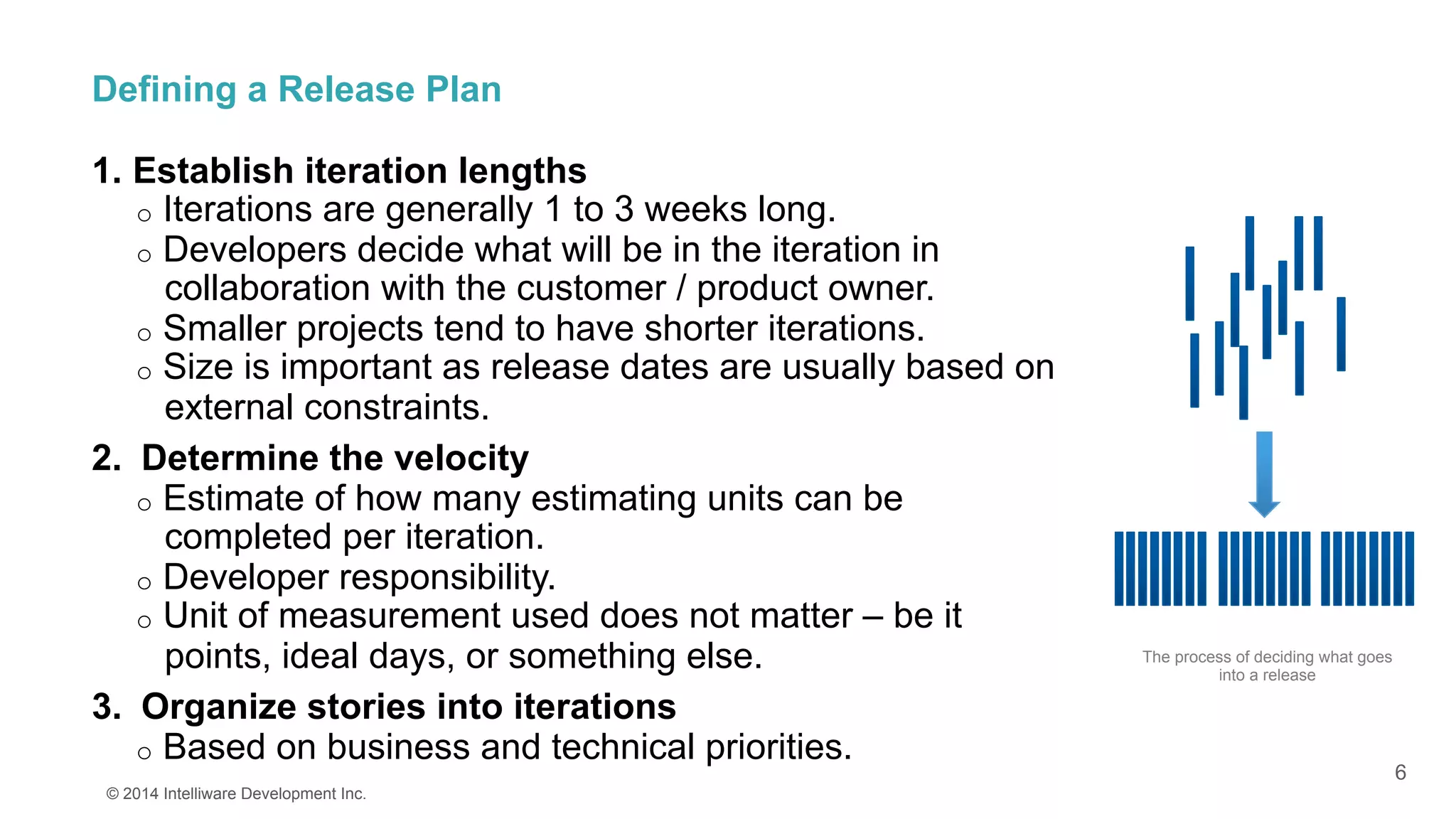 6
Defining a Release Plan
1.  Establish iteration lengths
o  Iterations are generally 1 to 3 weeks long.
o  Developers decide what will be in the iteration in
collaboration with the customer / product owner.
o  Smaller projects tend to have shorter iterations.
o  Size is important as release dates are usually based on
external constraints.
2.  Determine the velocity
o  Estimate of how many estimating units can be
completed per iteration.
o  Developer responsibility.
o  Unit of measurement used does not matter – be it
points, ideal days, or something else.
3.  Organize stories into iterations
o  Based on business and technical priorities.
© 2014 Intelliware Development Inc.
The process of deciding what goes
into a release
 