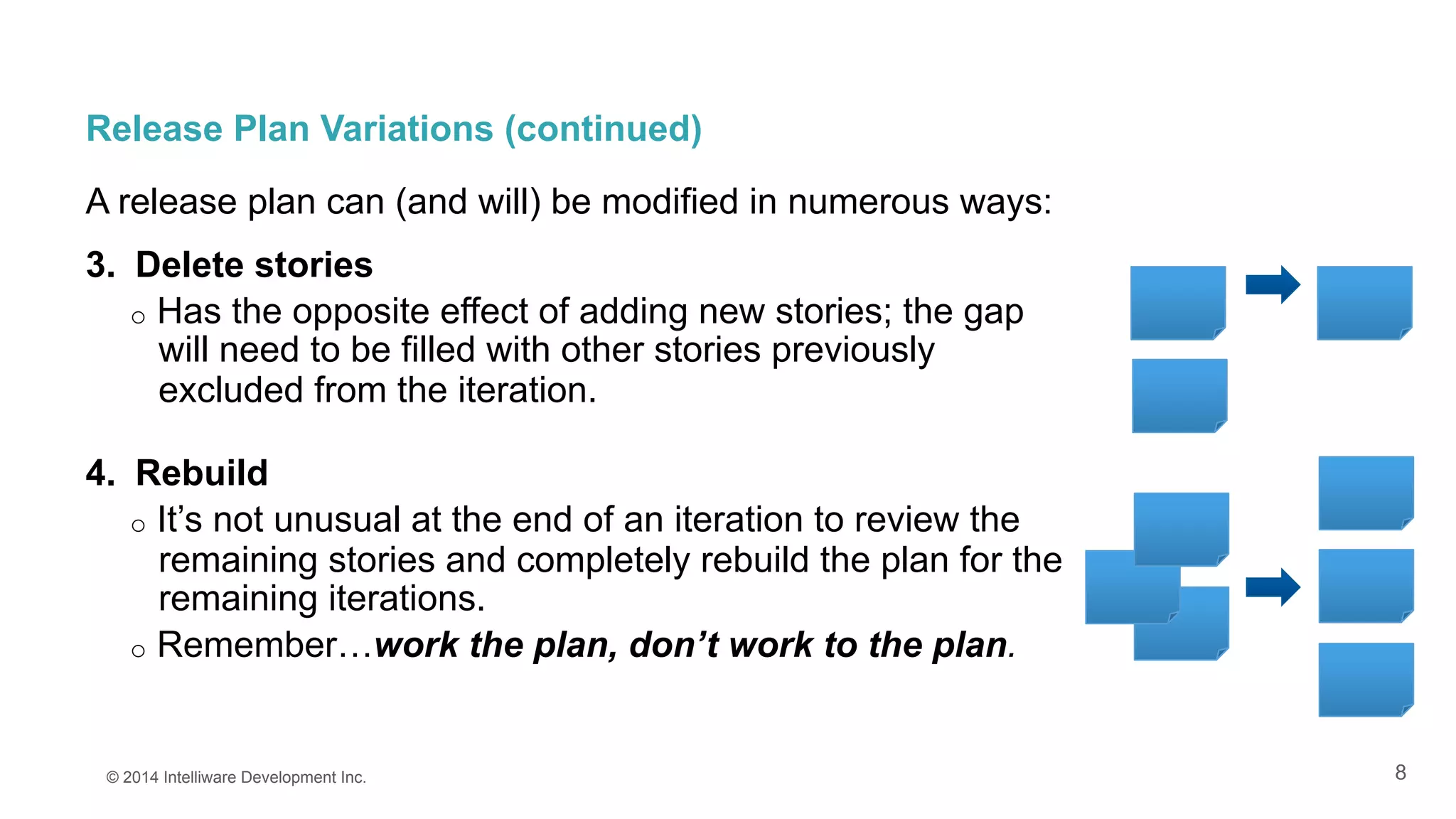 8
Release Plan Variations (continued)
A release plan can (and will) be modified in numerous ways:
3.  Delete stories
o  Has the opposite effect of adding new stories; the gap
will need to be filled with other stories previously
excluded from the iteration.
4.  Rebuild
o  It’s not unusual at the end of an iteration to review the
remaining stories and completely rebuild the plan for the
remaining iterations.
o  Remember…work the plan, don’t work to the plan.
© 2014 Intelliware Development Inc.
 