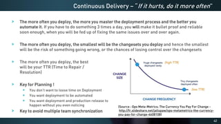 42
The more often you deploy, the more you master the deployment process and the better you
automate it. If you have to do something 3 times a day, you will make it bullet proof and reliable
soon enough, when you will be fed up of fixing the same issues over and over again.
The more often you deploy, the smallest will be the changesets you deploy and hence the smallest
will be the risk of something going wrong, or the chances of losing control over the changesets
The more often you deploy, the best
will be your TTR (Time to Repair /
Resolution)
Key for Planning !
You don’t want to loose time on Deployment
You want deployment to be automated
You want deployment and production release to
happen without you even noticing
Key to avoid multiple team synchronization
Continuous Delivery – “If it hurts, do it more often”
(Source : Ops Meta-Metrics: The Currency You Pay For Change -
http://fr.slideshare.net/jallspaw/ops-metametrics-the-currency-
you-pay-for-change-4608108)
 