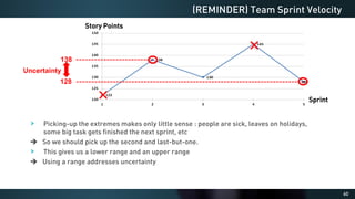 60
Picking-up the extremes makes only little sense : people are sick, leaves on holidays,
some big task gets finished the next sprint, etc
➔ So we should pick up the second and last-but-one.
This gives us a lower range and an upper range
➔ Using a range addresses uncertainty
(REMINDER) Team Sprint Velocity


Uncertainty
138
128
Story Points
Sprint
 