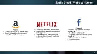 68
SaaS / Cloud / Web deployment
Amazon
- Continuous Deployment in production
- Code is being deployed in production
every 11.7 seconds on average.
- Continuous Deployment in production
- Devs push code to production thousands
of times per day!
- Develop for failure - Chaos monkeys
randomly kills services and machines
continuously
Facebook
- Continuous Deployment in production
- Before 2016,
- Up to 3 release trains a day
- Cherry pick (manual) / periodic resync
- Since 2016
- Release train every few hours
- Push from master
 