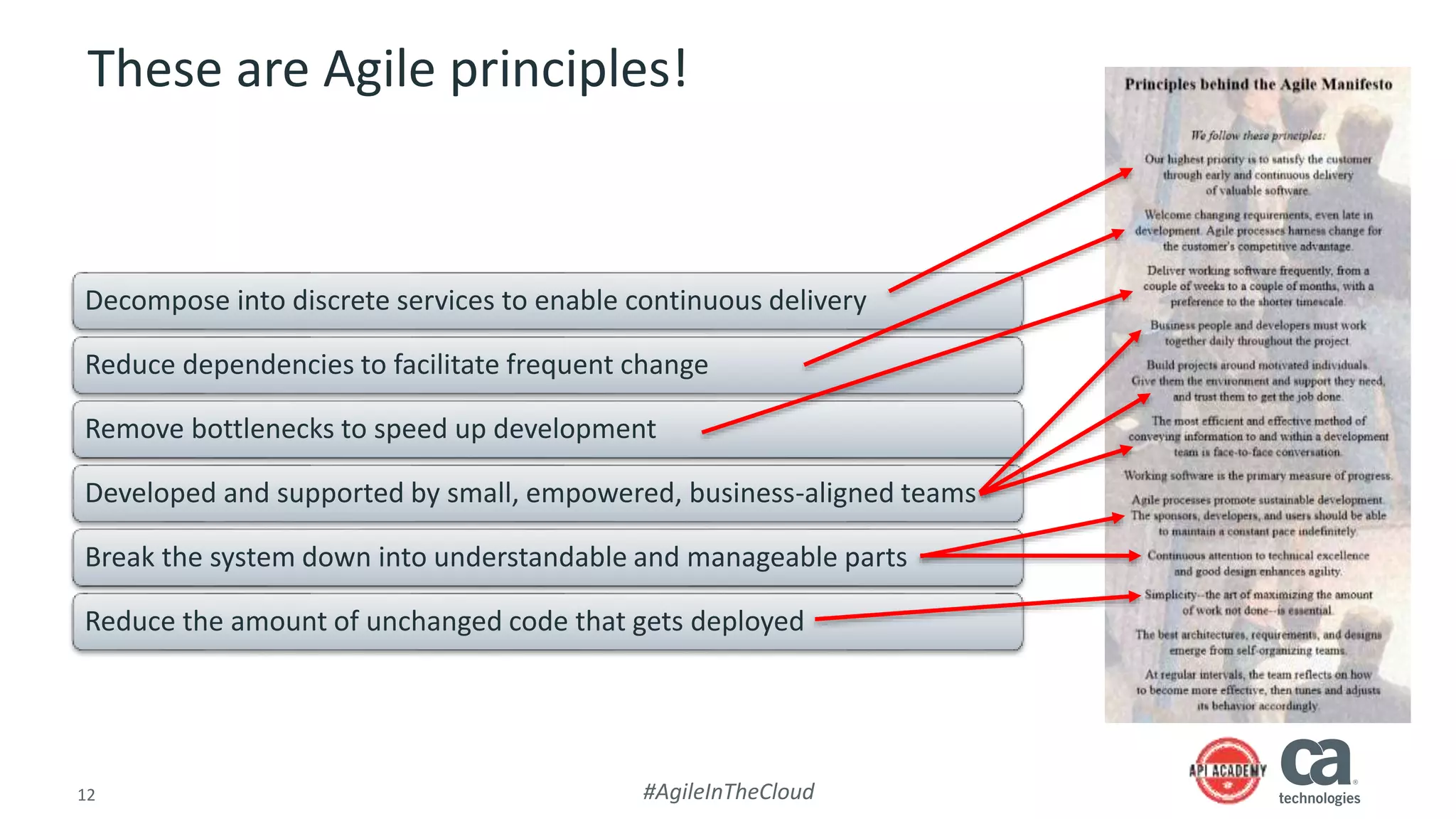 12 #AgileInTheCloud
These are Agile principles!
Decompose into discrete services to enable continuous delivery
Reduce dependencies to facilitate frequent change
Remove bottlenecks to speed up development
Developed and supported by small, empowered, business-aligned teams
Break the system down into understandable and manageable parts
Reduce the amount of unchanged code that gets deployed
 