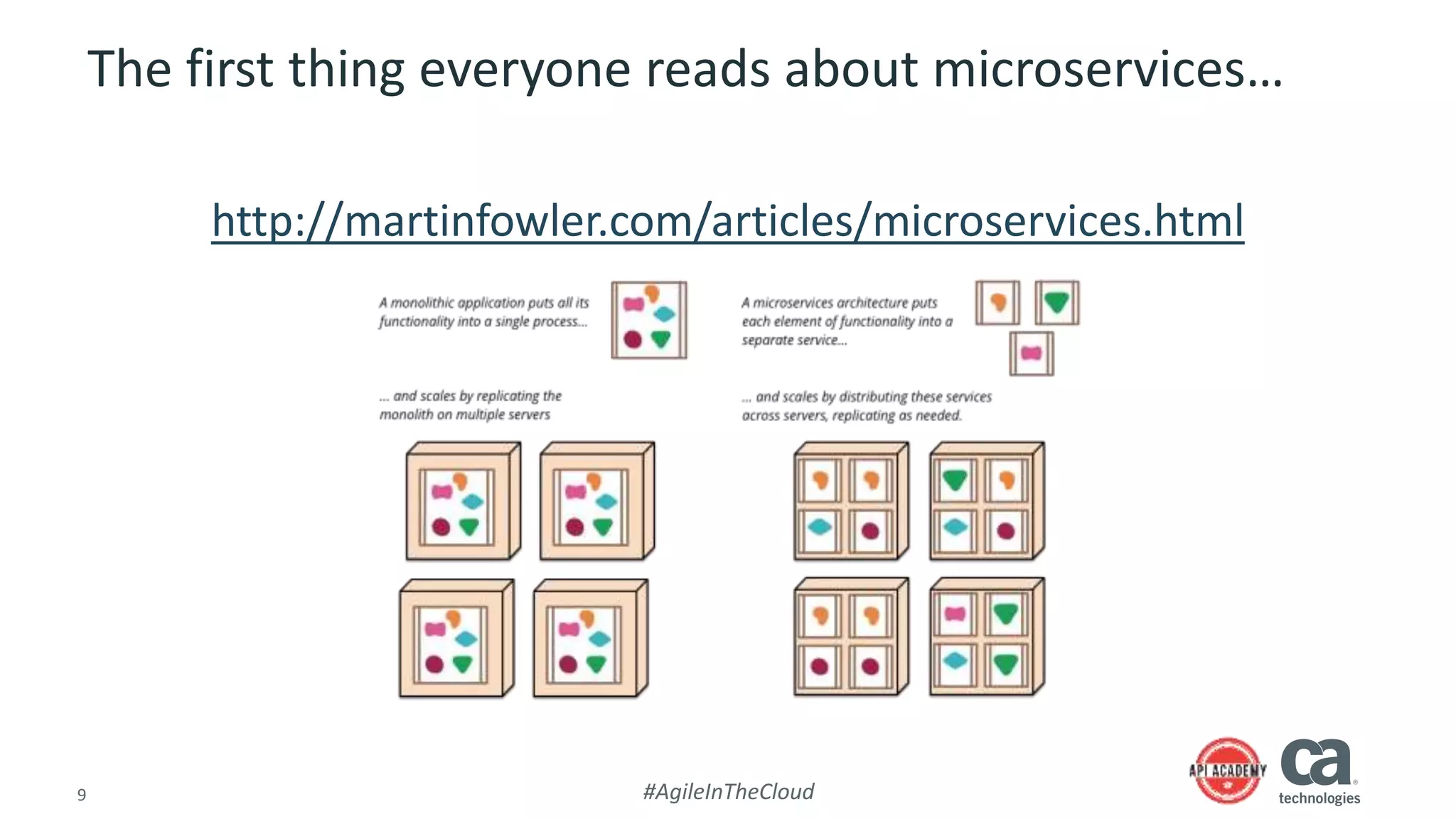 9 #AgileInTheCloud
The first thing everyone reads about microservices…
http://martinfowler.com/articles/microservices.html
 