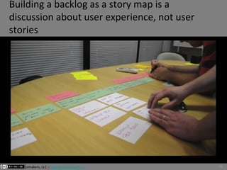 35comakers, LLC :: hello@comakewith.us
Building a backlog as a story map is a
discussion about user experience, not user
s...