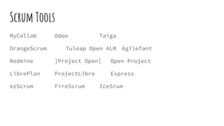 Scrum Tools
MyCollab Odoo Taiga
OrangeScrum Tuleap Open ALM Agilefant
Redmine ]Project Open[ Open Project
LibrePlan ProjectLibre Express
ezScrum FireScrum IceSrum
 