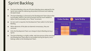 Sprint Backlog
■ The Sprint Backlog is the set of Product Backlog items selected for the
Sprint, plus a plan for delivering the product Increment and realizing
the Sprint Goal.
■ The Sprint Backlog is a forecast by the Development Team about what
functionality will be in the next Increment and the work needed to
deliver that functionality into a “Done” Increment.
■ As new work is required, the Development Team adds it to the Sprint
Backlog.
■ When elements of the plan are deemed unnecessary, they are
removed
■ Only the Development Team can change its Sprint Backlog during a
Sprint.
■ The Sprint Backlog is a highly visible, real-time picture of the work that
the Development Team plans to accomplish during the Sprint, and it
belongs solely to the Development Team.
 