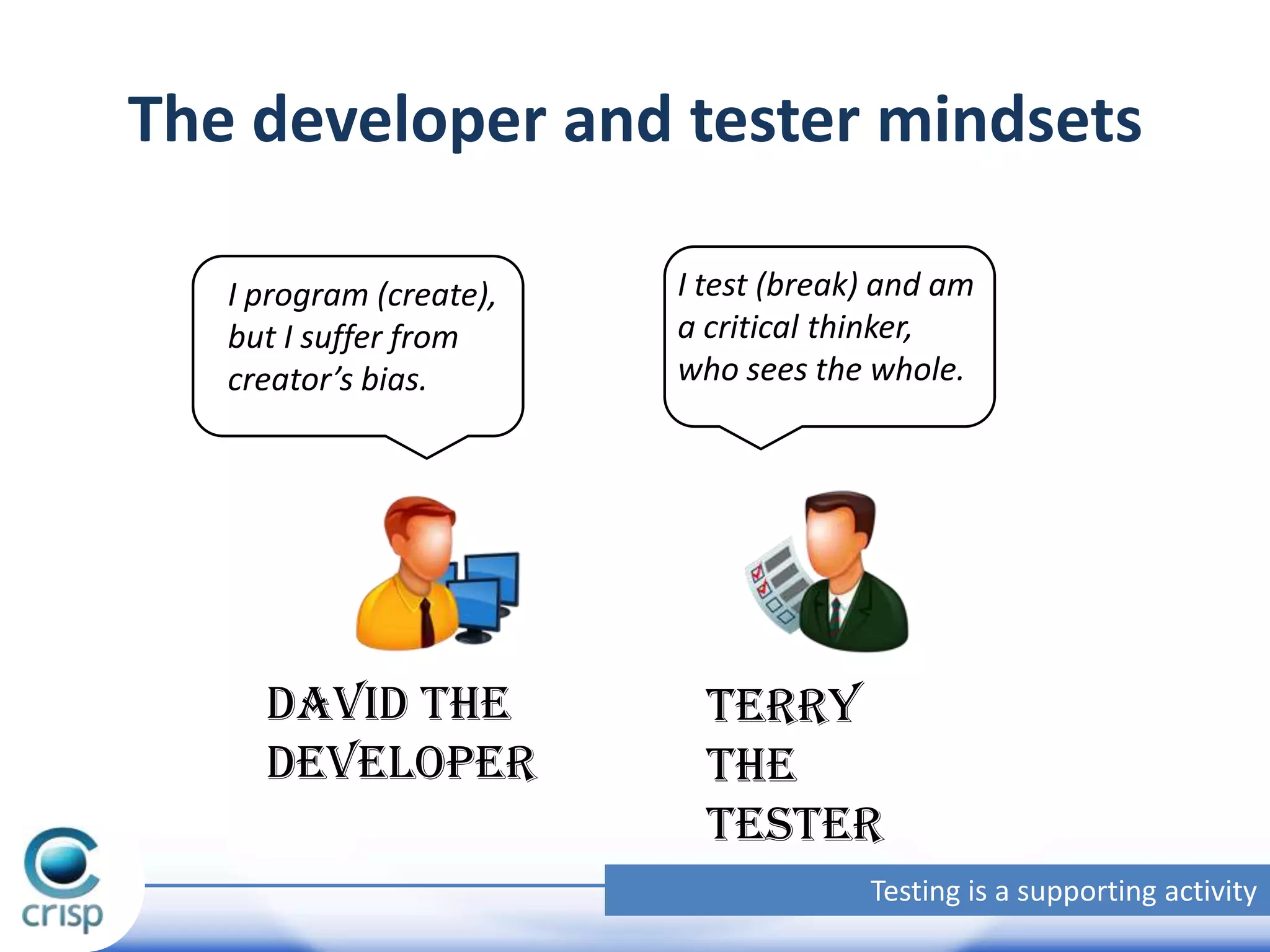 The developer and tester mindsets
I program (create),
but I suffer from
creator’s bias.

David the
Developer

I test (break) and am
a critical thinker,
who sees the whole.

Terry
the
Tester
Testing is a supporting activity

 