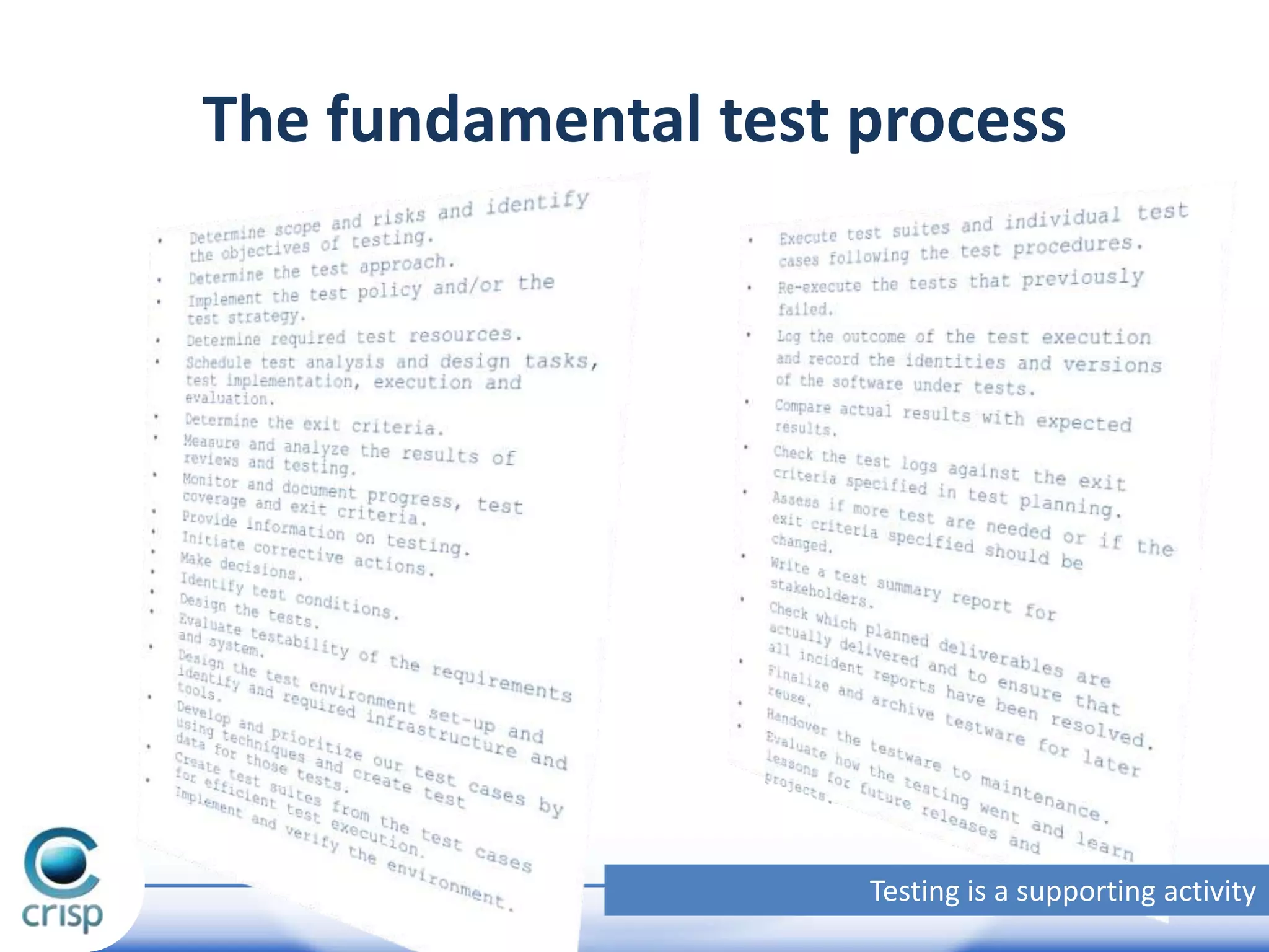 The fundamental test process

Testing is a supporting activity

 
