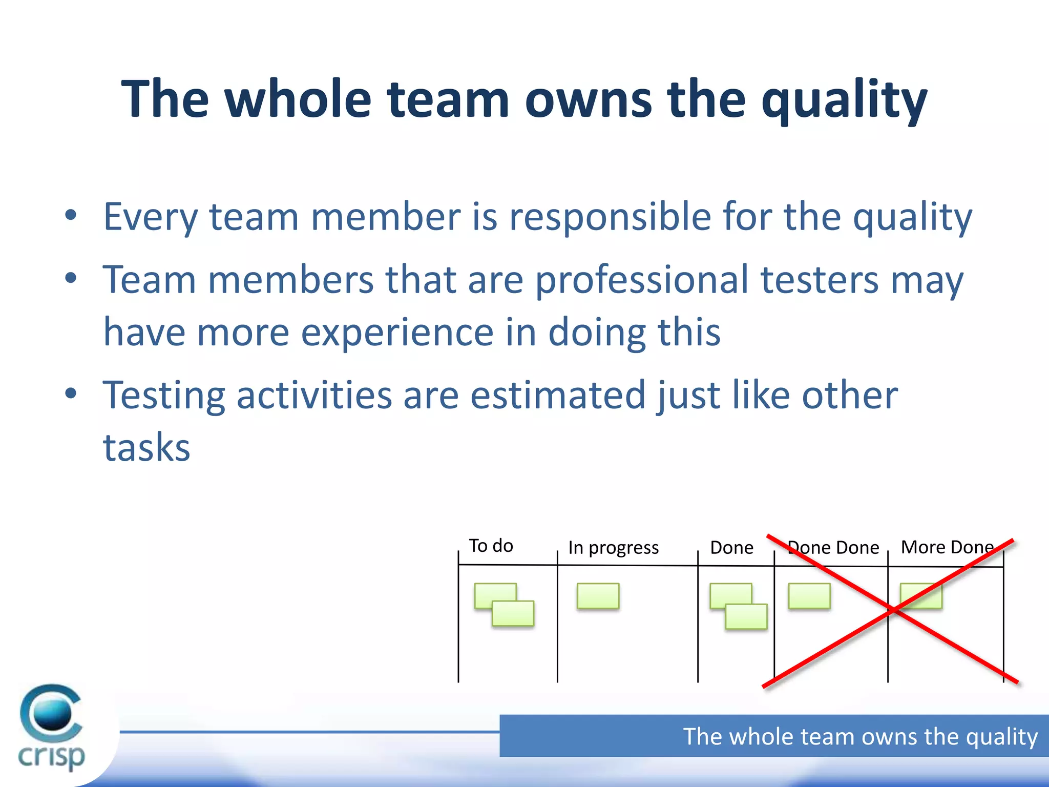 The whole team owns the quality
• Every team member is responsible for the quality
• Team members that are professional testers may
have more experience in doing this
• Testing activities are estimated just like other
tasks
To do

In progress

Done

Done Done

More Done

The whole team owns the quality

 