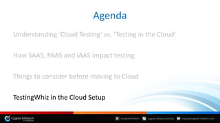 Understanding ‘Cloud Testing’ vs. ‘Testing in the Cloud’
How SAAS, PAAS and IAAS impact testing
Things to consider before moving to Cloud
TestingWhiz in the Cloud Setup
Agenda
 