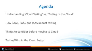 Understanding ‘Cloud Testing’ vs. ‘Testing in the Cloud’
How SAAS, PAAS and IAAS impact testing
Things to consider before moving to Cloud
TestingWhiz in the Cloud Setup
Agenda
 