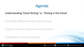 Understanding ‘Cloud Testing’ vs. ‘Testing in the Cloud’
How SAAS, PAAS and IAAS impact testing
Things to consider before moving to Cloud
TestingWhiz in the Cloud Setup
Agenda
 