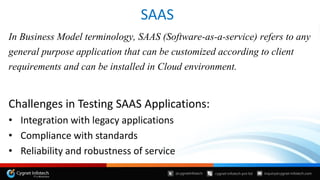 SAAS
In Business Model terminology, SAAS (Software-as-a-service) refers to any
general purpose application that can be customized according to client
requirements and can be installed in Cloud environment.
Challenges in Testing SAAS Applications:
• Integration with legacy applications
• Compliance with standards
• Reliability and robustness of service
 