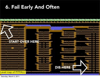 6. Fail Early And Often




         START OVER HERE




                           DIE HERE
Level map of PITFALL!                 16

Saturday, March 5, 2011
 