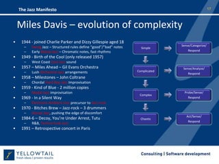 SimpleComplicatedComplexChaoticSense/Categorize/RespondSense/Analyze/RespondProbe/Sense/RespondAct/Sense/RespondMiles Davis – evolution of complexity1944 - joined Charlie Parker and Dizzy Gillespie aged 18 Swing Jazz – Structured rules define “good”/”bad” notes Early Bebop Jazz – Chromatic notes, fast rhythms 1949 - Birth of the Cool (only released 1957)  West Coast Cool Jazz sound1957 – Miles Ahead – Gil Evans Orchestra Lush Orchestral Jazz arrangements1958 – Milestones – John Coltrane Chordal Hard Bop Jazz Improvisation1959 - Kind of Blue - 2 million copiesModal Jazz improvisation1969 - In a Silent WayElectronic Ambient Jazz precursor to Jazz-rock1970 - Bitches Brew – Jazz-rock – 3 drummersAtonal Jazz, pushing the edge of discomfort1984-6 – Decoy, You’re Under Arrest, Tutu – 	 R&B, Techno-funk Jazz1991 – Retrospective concert in Paris