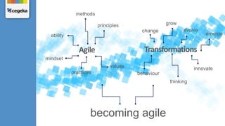 TransformationsAgile
becoming agile
mindset
ability
grow
evolve
emerge
change
methods
behaviour
values
principles
practices
innovate
thinking
 