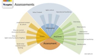 www.cegeka.com
Interviews
Observations
Information
radiators reviews
Gemba walks
Improvement workshop
Agile culture
Operational Excellence
Build initial
transformation
backlog
View on current
structures & systems
Understand context
& culture
Assessements
Goals
Measures
Practices
Assessment
Value Created
View on
Agile maturity (level of Agility)
 