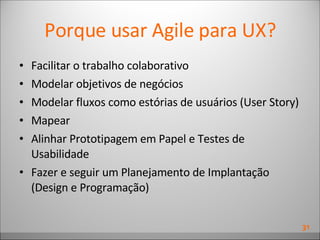 Porque usar Agile para UX? Facilitar o trabalho colaborativo Modelar objetivos de negócios Modelar fluxos como estórias de usuários (User Story) Mapear Alinhar Prototipagem em Papel e Testes de Usabilidade Fazer e seguir um Planejamento de Implantação (Design e Programação) 