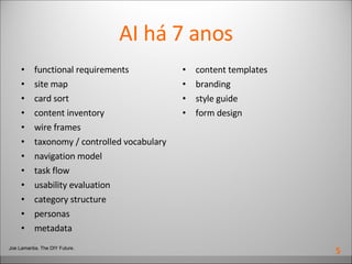 AI há 7 anos functional requirements site map card sort content inventory wire frames taxonomy / controlled vocabulary navigation model task flow usability evaluation category structure personas metadata Joe Lamantia.  The DIY Future. content templates branding style guide form design 