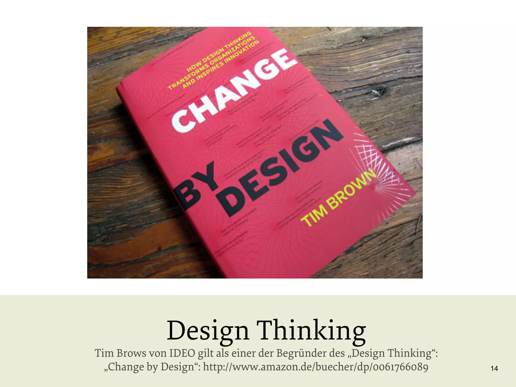 Design Thinking

Tim Brows von IDEO gilt als einer der Begründer des „Design Thinking“:
„Change by Design“: http://www.amazon.de/buecher/dp/0061766089

14

 