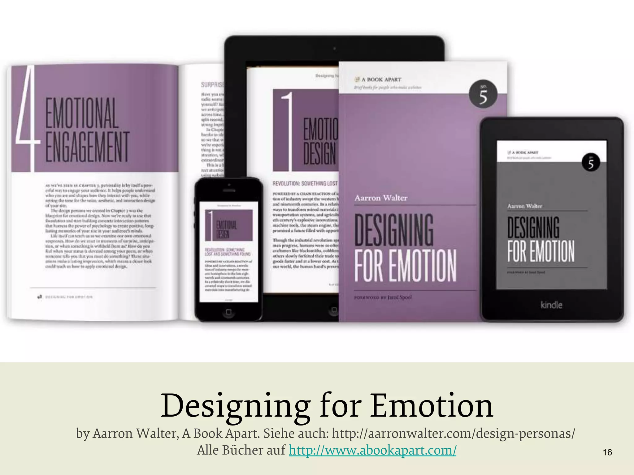 Designing for Emotion

by Aarron Walter, A Book Apart. Siehe auch: http://aarronwalter.com/design-personas/
Alle Bücher auf http://www.abookapart.com/

16

 
