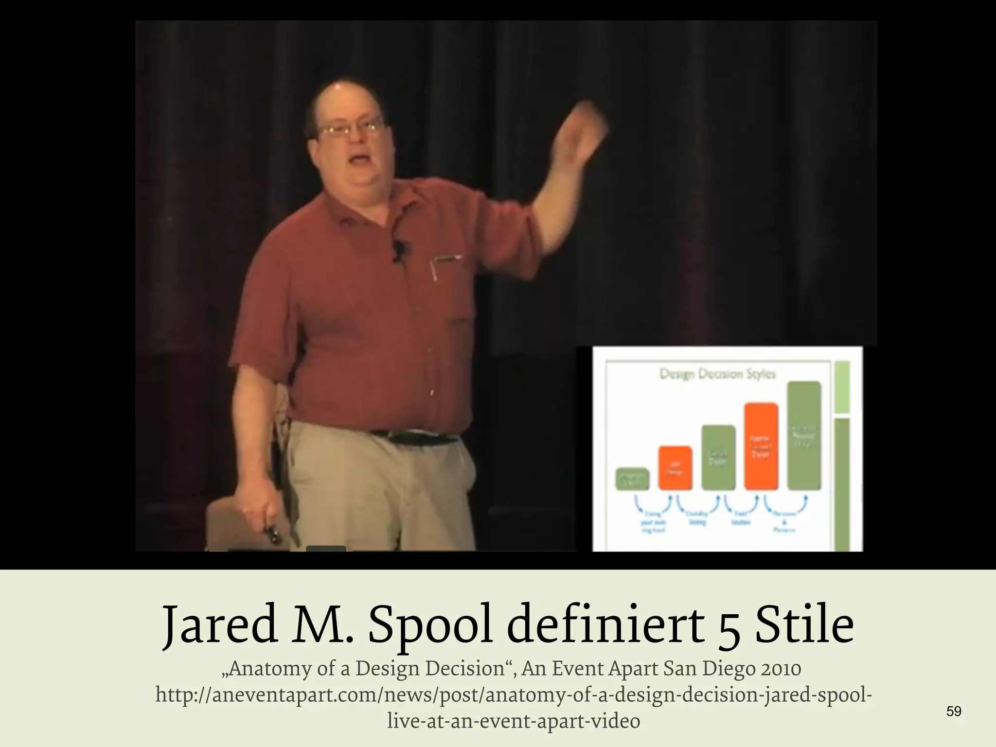 Jared M. Spool deﬁniert 5 Stile

„Anatomy of a Design Decision“, An Event Apart San Diego 2010
http://aneventapart.com/news/post/anatomy-of-a-design-decision-jared-spoollive-at-an-event-apart-video

59

 