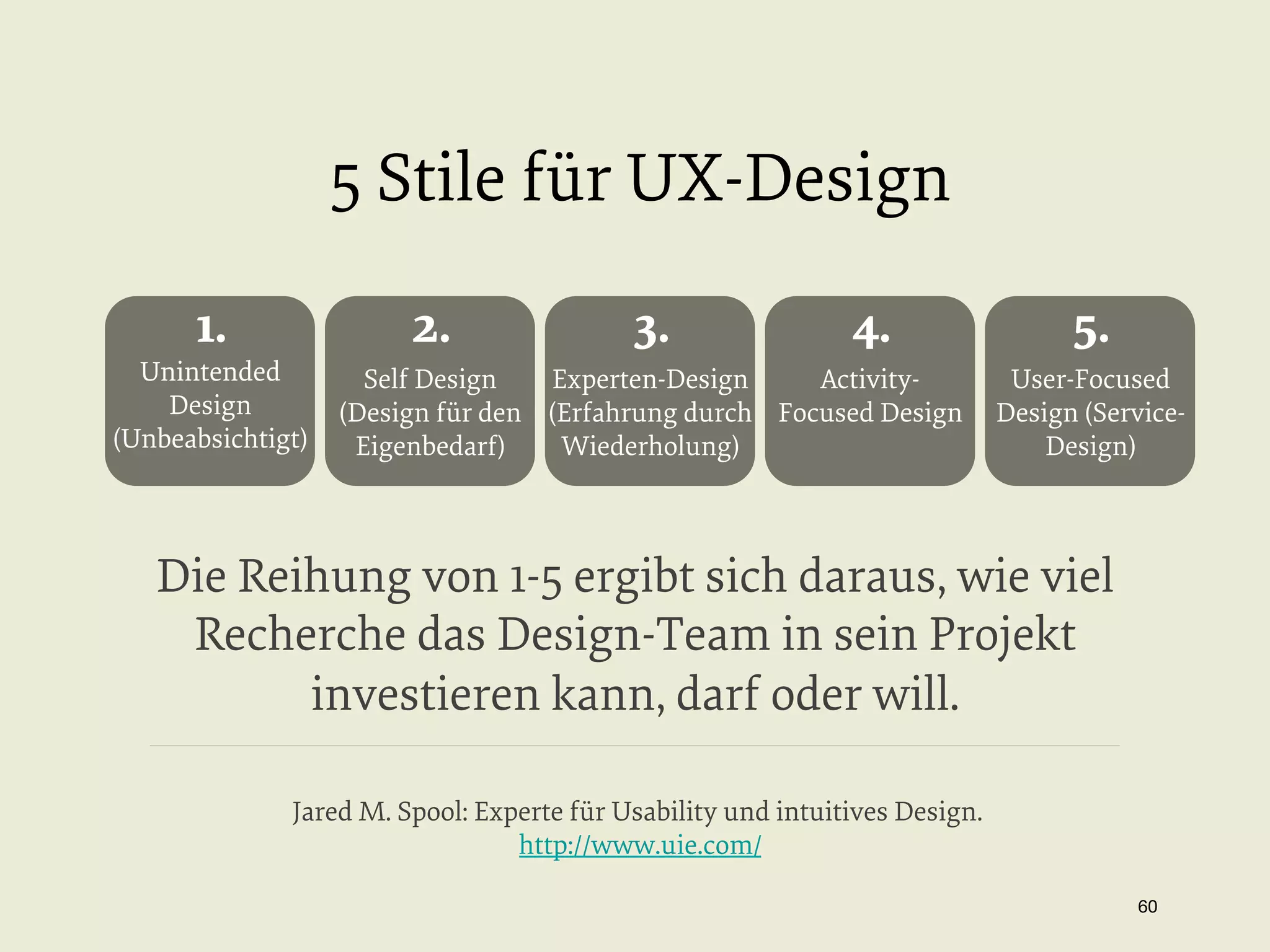 5 Stile für UX-Design
1.

Unintended
Design
(Unbeabsichtigt)

2.

3.

4.

Self Design
Experten-Design
Activity(Design für den (Erfahrung durch Focused Design
Eigenbedarf)
Wiederholung)

5.
User-Focused
Design (ServiceDesign)

Die Reihung von 1-5 ergibt sich daraus, wie viel
Recherche das Design-Team in sein Projekt
investieren kann, darf oder will.
Jared M. Spool: Experte für Usability und intuitives Design.
http://www.uie.com/
60


 