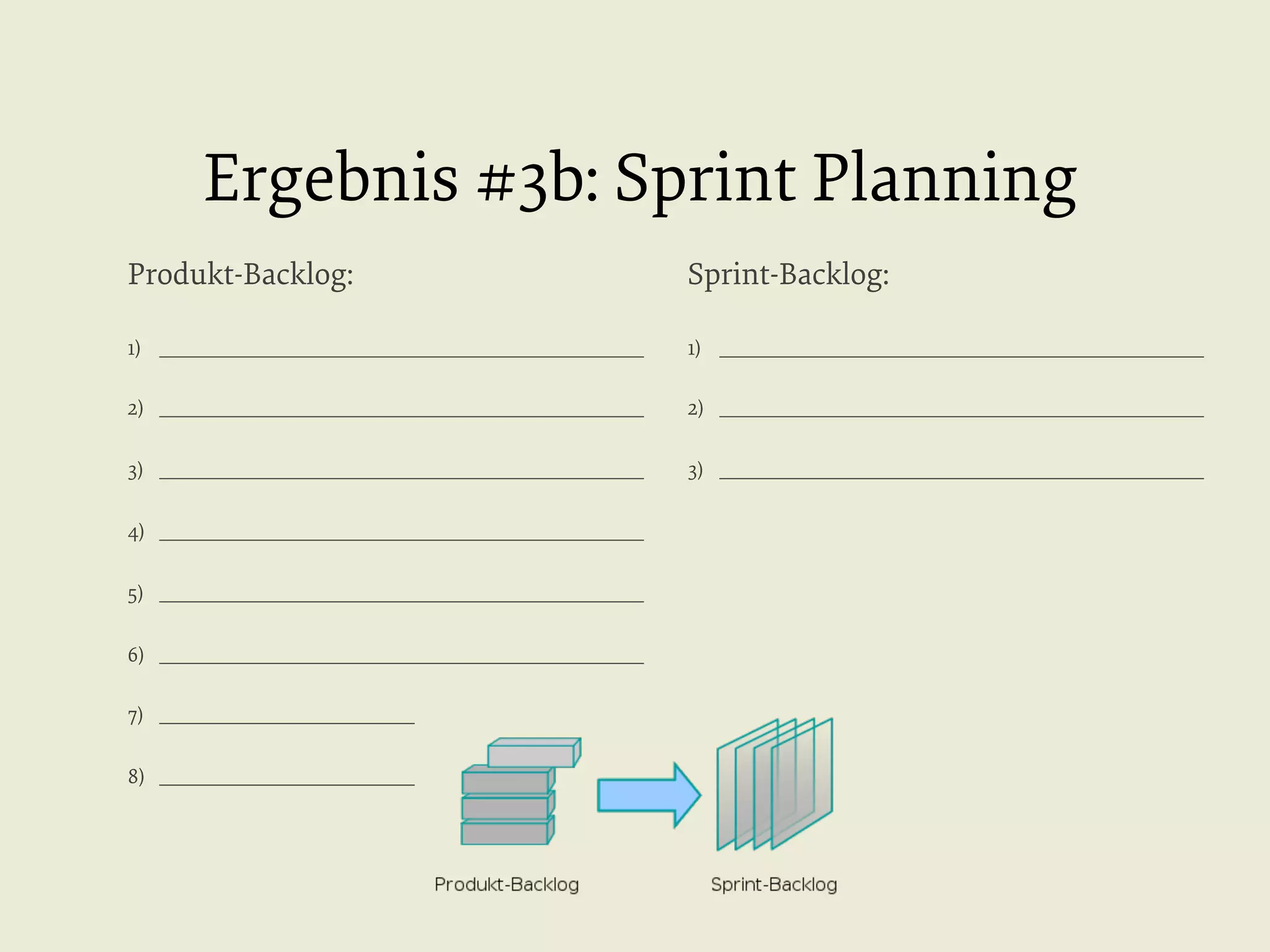 Ergebnis #3b: Sprint Planning
Produkt-Backlog:

Sprint-Backlog:

1)  _____________________________________________________

1)  _____________________________________________________

2)  _____________________________________________________

2)  _____________________________________________________

3)  _____________________________________________________

3)  _____________________________________________________

4)  _____________________________________________________
5)  _____________________________________________________
6)  _____________________________________________________
7)  _____________________________________________________
8)  _____________________________________________________

 