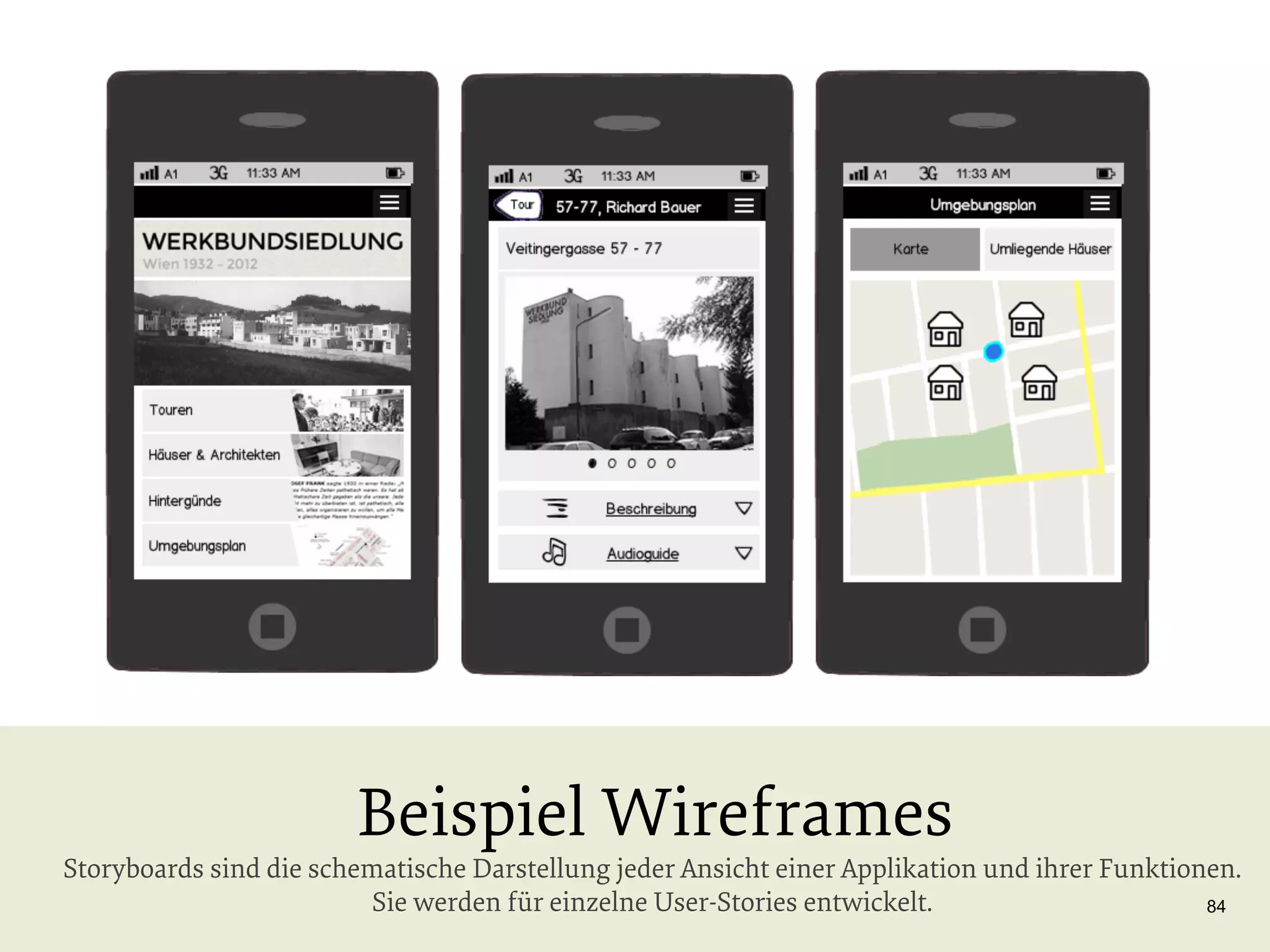 Beispiel Wireframes

Storyboards sind die schematische Darstellung jeder Ansicht einer Applikation und ihrer Funktionen.
Sie werden für einzelne User-Stories entwickelt.
84

 