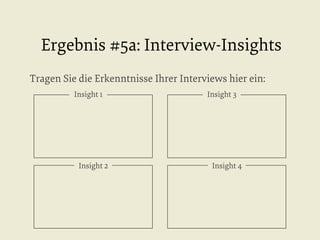 Ergebnis #5a: Interview-Insights
Tragen Sie die Erkenntnisse Ihrer Interviews hier ein:
Insight 1

Insight 2

Insight 3

Insight 4

 