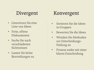 Divergent

Konvergent

•  Generieren Sie eine
Liste von Ideen

• 

Sortieren Sie die Ideen
in Gruppen

•  Freie, offene
Diskussionen

• 

Bewerten Sie die Ideen

• 

Wenden Sie Methoden
zur Entscheidungsﬁndung an

• 

Prozess endet mit einer
klaren Entscheidung

•  Suche Sie nach
verschiedenen
Sichtweisen
•  Lassen Sie keine
Beurteilungen zu

 