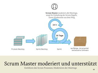 Scrum Master moderiert alle Meetings,
sorgt für Einhaltung der Scrum-Regeln,
räumt Hindernisse aus dem Weg.

Scrum Master moderiert und unterstützt
Einführen des Scrum Prozesses, Moderieren der Meetings

69

 