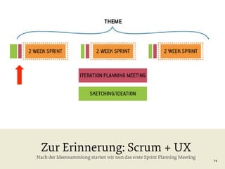 Zur Erinnerung: Scrum + UX

Nach der Ideensammlung starten wir nun das erste Sprint Planning Meeting

74

 
