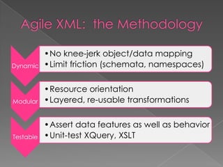 Dynamic
•No knee-jerk object/data mapping
•Limit friction (schemata, namespaces)
Modular
•Resource orientation
•Layered, re-usable transformations
Testable
•Assert data features as well as behavior
•Unit-test XQuery, XSLT
 