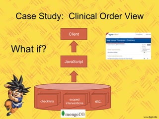 Case Study: Clinical Order View
checklists
scoped
interventions etc.
JavaScript
Client
What if?
 