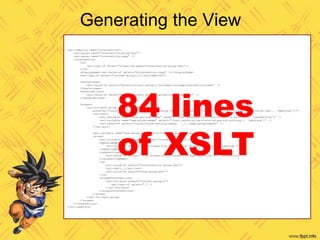 Generating the View
<xsl:template name="intervention">
<xsl:param name="intervention-group-key"/>
<xsl:param name="intervention-name" />
<intervention>
<id>
<xsl:copy-of select="normalize-space($intervention-group-key)"/>
</id>
<displayName><xsl:value-of select="$intervention-name" /></displayName>
<xsl:copy-of select="current-group()[1]/shouldAvoid"/>
<hasOutcomes>
<xsl:value-of select="exists(current-group()/outcomes/outcomeContainer/outcome)" />
</hasOutcomes>
<hasGuidelines>
<xsl:value-of select="exists(current-group()/guidelines/guideline)" />
</hasGuidelines>
<scopes>
<xsl:for-each-group select="current-group()"
group-by="concat(local:canonicalize-field-value-ids(., 'careSetting'), '_', local:canonicalize-field-value-ids(., 'ageGroup'))">
<xsl:sort>
<xsl:variable name="care-setting-names" select="local:canonicalize-field-values-for-sorting(., 'careSetting')" />
<xsl:variable name="age-group-names" select="local:canonicalize-field-values-for-sorting(., 'ageGroup')" />
<xsl:value-of select="concat($care-setting-names, '__', $age-group-names)" />
</xsl:sort>
<xsl:variable name="sub-group-key" select="current-grouping-key()"/>
<scope>
<xsl:variable name="first-si" select="current-group()[1]"/>
<ageGroupName>
<xsl:value-of select="local:format-field-values-for-display($first-si, 'ageGroup')"/>
</ageGroupName>
<careSettingName>
<xsl:value-of select="local:format-field-values-for-display($first-si, 'careSetting')"/>
</careSettingName>
<id>
<xsl:value-of select="$intervention-group-key"/>
<xsl:text>__</xsl:text>
<xsl:value-of select="$sub-group-key"/>
</id>
<scopedInterventions>
<xsl:for-each select="current-group()">
<xsl:copy-of select="." />
</xsl:for-each>
</scopedInterventions>
</scope>
</xsl:for-each-group>
</scopes>
</intervention>
</xsl:template>
84 lines
of XSLT
 