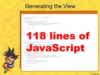 <xsl:template name="intervention">
<xsl:param name="intervention-group-key"/>
<xsl:param name="intervention-name" />
<intervention>
<id>
<xsl:copy-of select="normalize-space($intervention-group-key)"/>
</id>
<displayName><xsl:value-of select="$intervention-name" /></displayName>
<xsl:copy-of select="current-group()[1]/shouldAvoid"/>
<hasOutcomes>
<xsl:value-of select="exists(current-group()/outcomes/outcomeContainer/outcome)" />
</hasOutcomes>
<hasGuidelines>
<xsl:value-of select="exists(current-group()/guidelines/guideline)" />
</hasGuidelines>
<scopes>
<xsl:for-each-group select="current-group()"
group-by="concat(local:canonicalize-field-value-ids(., 'careSetting'), '_', local:canonicalize-field-value-ids(., 'ageGroup'))">
<xsl:sort>
<xsl:variable name="care-setting-names" select="local:canonicalize-field-values-for-sorting(., 'careSetting')" />
<xsl:variable name="age-group-names" select="local:canonicalize-field-values-for-sorting(., 'ageGroup')" />
<xsl:value-of select="concat($care-setting-names, '__', $age-group-names)" />
</xsl:sort>
<xsl:variable name="sub-group-key" select="current-grouping-key()"/>
<scope>
<xsl:variable name="first-si" select="current-group()[1]"/>
<ageGroupName>
<xsl:value-of select="local:format-field-values-for-display($first-si, 'ageGroup')"/>
</ageGroupName>
<careSettingName>
<xsl:value-of select="local:format-field-values-for-display($first-si, 'careSetting')"/>
</careSettingName>
<id>
<xsl:value-of select="$intervention-group-key"/>
<xsl:text>__</xsl:text>
<xsl:value-of select="$sub-group-key"/>
</id>
<scopedInterventions>
<xsl:for-each select="current-group()">
<xsl:copy-of select="." />
</xsl:for-each>
</scopedInterventions>
</scope>
</xsl:for-each-group>
</scopes>
</intervention>
</xsl:template>
Generating the View
function makeScopeSubGroups(group, interventionGroupKey) {
var result = [];
var scopeSubGroups = [];
var makePredicate = function (scopedIntervention) {
return function (scopeSubGroup) {
if (scopeSubGroup.id === makeScopeSubGroupKey(scopedIntervention)) {
scopeSubGroup.members.push(scopedIntervention);
return true;
}
else {
return false;
}
}
};
section.scopedInterventions.forEach(function (si) {
if (! scopeSubGroups.some(makePredicate(si))) {
scopeSubGroups.push({
id: makeScopeSubGroupKey(si),
members: [si]
});
}
});
scopeSubGroups.sort(function (first, second) {
var firstCanonical =
canonicalizeFieldValuesForSorting(first.careSettings) + '__' +
canonicalizeFieldValuesForSorting(first.ageGroups);
var secondCanonical =
canonicalizeFieldValuesForSorting(second.careSettings) + '__' +
canonicalizeFieldValuesForSorting(second.ageGroups);
return first.localeCompare(second);
});
scopeSubGroups.forEach(function (subGroup) {
var firstSi = subGroup.members[0];
var realSubGroup = {
ageGroupName: formatFieldValuesForDisplay(firstSi.ageGroups),
careSettingName: formatFieldValuesForDisplay(firstSi.careSettings),
id: interventionGroupKey + '__' + subGroup.id,
scopedInterventions: []
};
subGroup.members.forEach(function (si) {
realSubGroup.scopedInterventions.push(si);
});
result.push(realSubGroup);
});
return result;
}
118 lines of
JavaScript
 