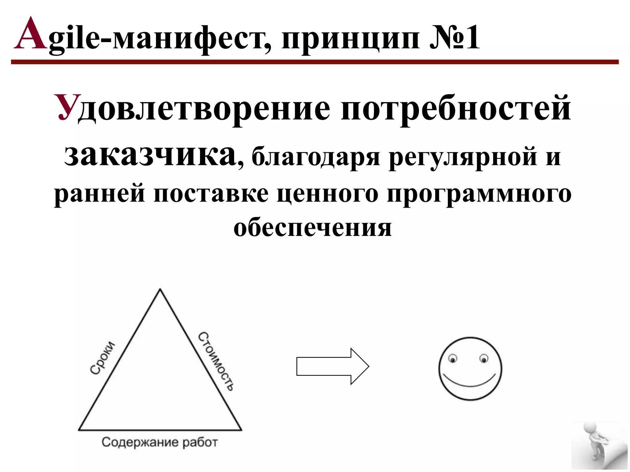 Agile-манифест, принцип №1
Удовлетворение потребностей
заказчика, благодаря регулярной и
ранней поставке ценного программного
обеспечения

 