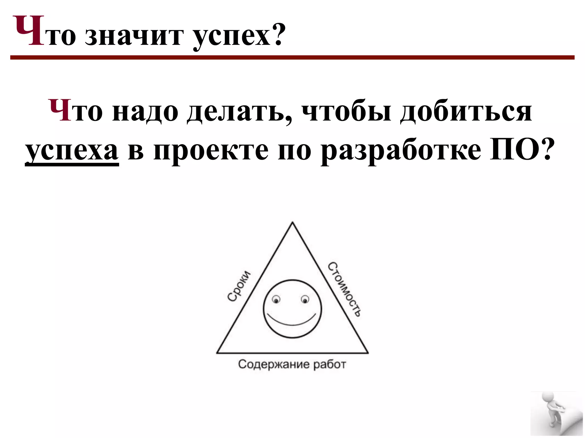 Что значит успех?
Что надо делать, чтобы добиться
успеха в проекте по разработке ПО?

 