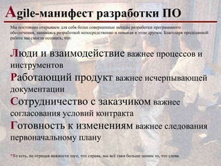 Аgile-манифест разработки ПО
Мы постоянно открываем для себя более совершенные методы разработки программного
обеспечения, занимаясь разработкой непосредственно и помогая в этом другим. Благодаря проделанной
работе мы смогли осознать, что:

Люди и взаимодействие важнее процессов и
инструментов

Работающий продукт важнее исчерпывающей
документации

Сотрудничество с заказчиком важнее
согласования условий контракта

Готовность к изменениям важнее следования
первоначальному плану
*То есть, не отрицая важности того, что справа, мы всѐ таки больше ценим то, что слева.

 