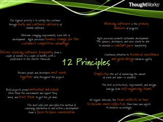 Our highest priority is to satisfy the customer
through early and continuous delivery of
valuable software.
Welcome changing requirements, even late in
development. Agile processes harness change for

customer's competitive advantage.

Working software is the primary
measure of progress.
the

Deliver working software frequently, from a
couple of weeks to a couple of months, with a
preference to the shorter timescale.

Business people and developers

must work

Build projects around motivated individuals.
Give them the environment and support they
need, and trust them to get the job done.
The most efficient and effective method of
conveying information to and within a development

face-to-face conversation.

technical excellence
and good design enhances agility.

Continuous attention to

12 Principles

together daily throughout the project.

team is

Agile processes promote sustainable development.
The sponsors, developers, and users should be able
to maintain a constant pace indefinitely.

Simplicity--the art of maximizing the amount
of work not done--is essential.

The best architectures, requirements, and designs
emerge from self-organizing teams.

team reflects on how
to become more effective, then tunes and adjusts
At regular intervals, the

its behavior accordingly.

 