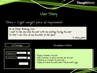 User Story
Story = Light weight piece of requirement
As an Online Banking User
I want to link my Loan Account with my existing Saving Account
So that I can view all my Accounts at one place

UI Prototype
Saving Account
Loan Account

2 story points

Acceptance Criteria

<Actor> <action><by |to |for |of > <a(n) object> <the result>
123456789
123456789

Link

•  Display Customer’s Account
•  Allow Customer to select and link the Account
•  Validation on Customer Account data
•  Display all Linked Accounts under “My Accounts” page

 