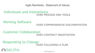 © 2015 beLithe, Inc.
Agile Manifesto: Statement of Values
Individuals and Interactions
OVER PROCESS AND TOOLS
Working Software
OVER COMPREHENSIVE DOCUMENTATION
Customer Collaboration
OVER CONTRACT NEGOTIATION
Responding to Change
OVER FOLLOWING A PLAN
 